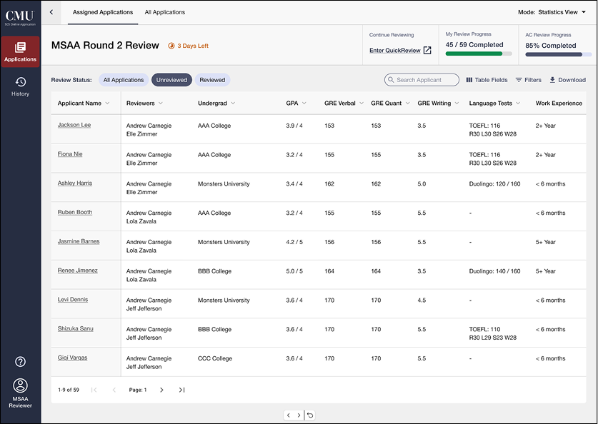 Home screen to view applicants