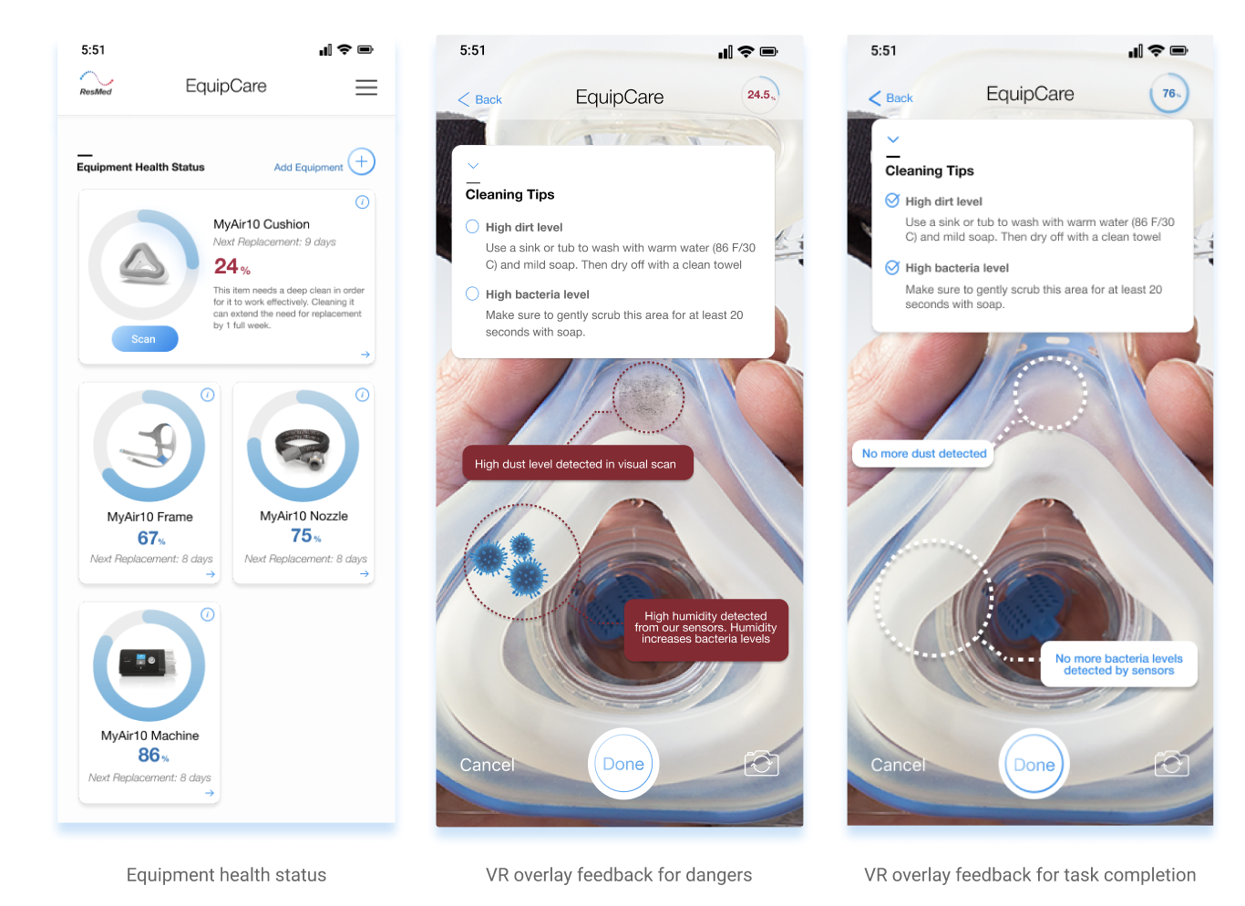 The user can also see the lifecycle of their current ResMed devices and run cleaning scans to extend the longevity of their equipment.